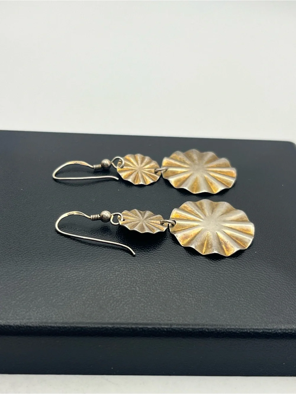 Gold washed sterling silver textured round scalloped dangle vintage earrings
